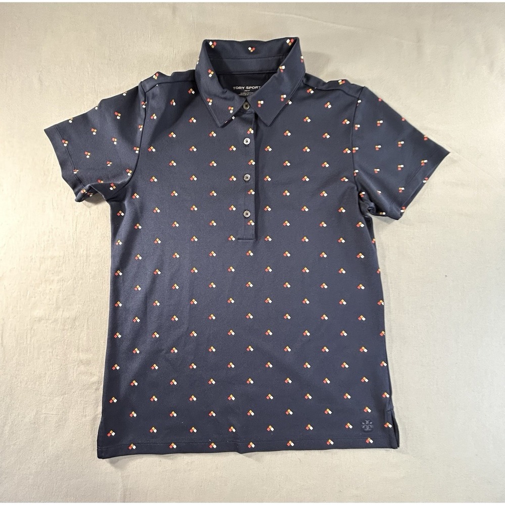 Tory Burch Sport Retro-Print Tech Piqué Polo Golf Navy Short Sleeve Shirt XS‎
